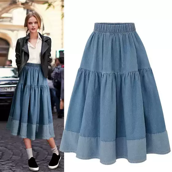 European and American Plus-Size Spring Clothing 2026 Plus-Size Elastic Waist Casual Versatile Skirt with Spliced Denim Hem Cross-Border Women's Fashion