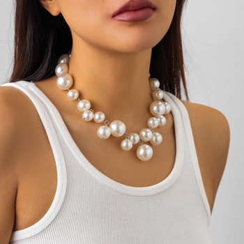 European and American Cross-Border Exaggerated Large Bead Layered Short Choker Necklace for Women, Punk Style Faux Pearl Necklace