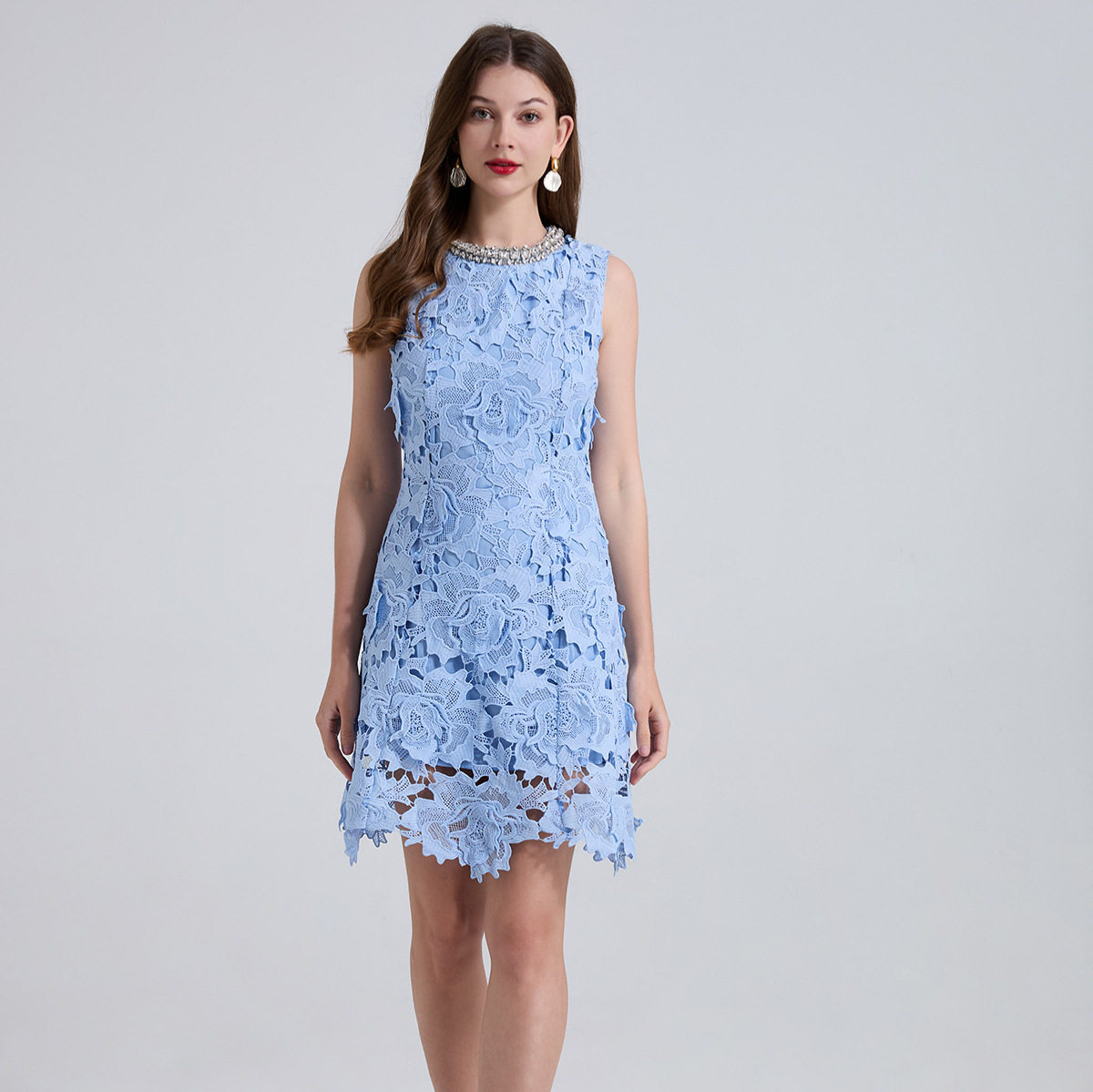 Elegant Sleeveless A Line Dress Embellished with Rhinestones Lace Hollow Design Fitted Waist Summer Cocktail or