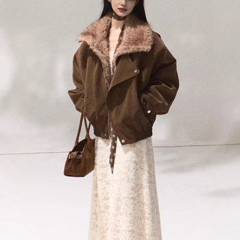 Oak and hazelnut winter warm jacket women's fur collar thick short jacket lapel top