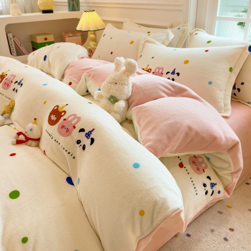 Winter thickened milk velvet four-piece set double-sided warm coral velvet three-piece set flannel single quilt cover fitted sheet wholesale