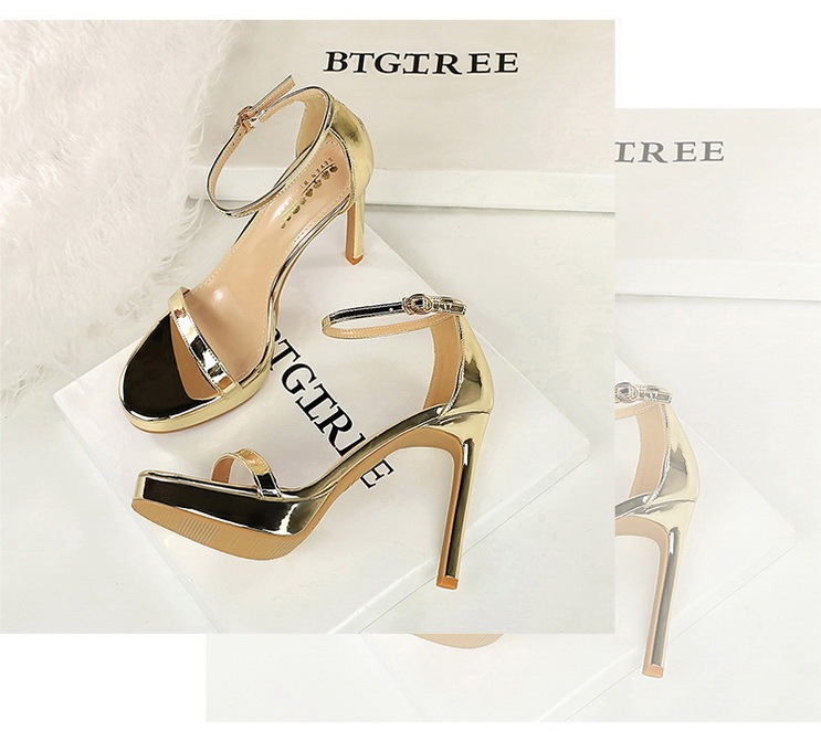 Sandal cao gót nữ mũi hở quai ngang da bóng gót nhọn 11cm — Màu bạc, Màu đen, Màu vàng