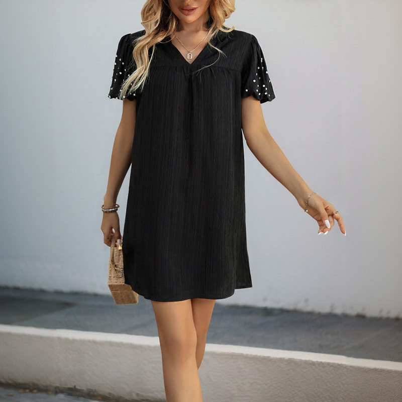 Loose Fit Straight Dress Beaded Detail Fashionable Minimalist Design Black Color for Casual Occasions Wholesale