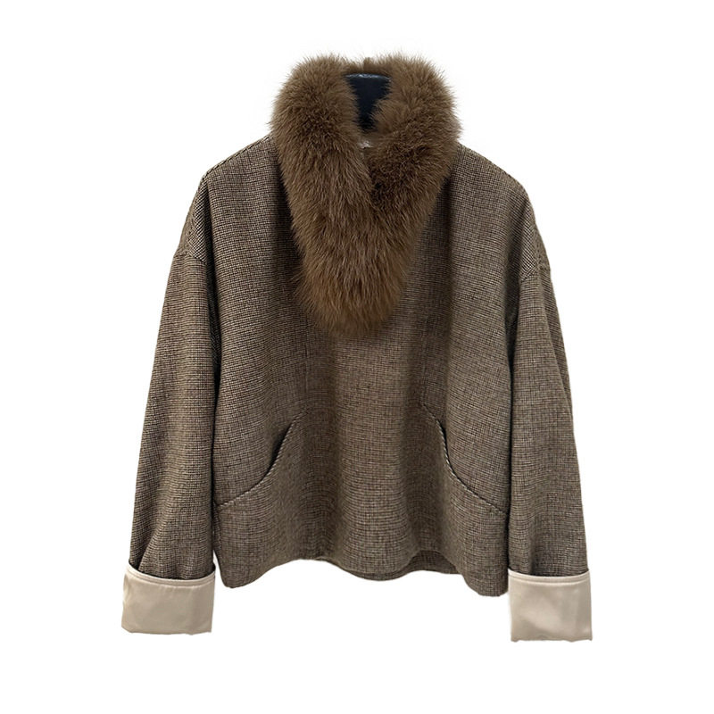 翡格依2026春季新款套头廓形可拆卸狐狸毛围脖羊毛长袖外套女上衣,淘宝优惠券,粉丝福利购,淘宝优惠卷