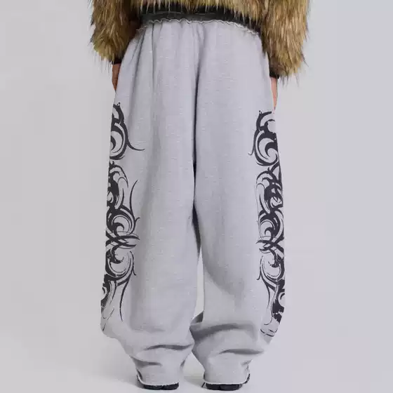 European and American Cross-border American Retro Fashion Brand Casual Pants Gray Printed Design Sense Pants Loose Straight Sports Pants