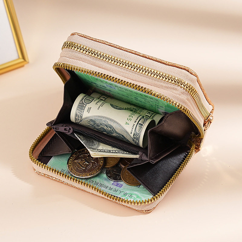 Cross-Border Women's Double Zipper Accordion Card Holder Starry Glitter Card Holder Multi-Card Slot Id Bag Fashionable Women's Bag