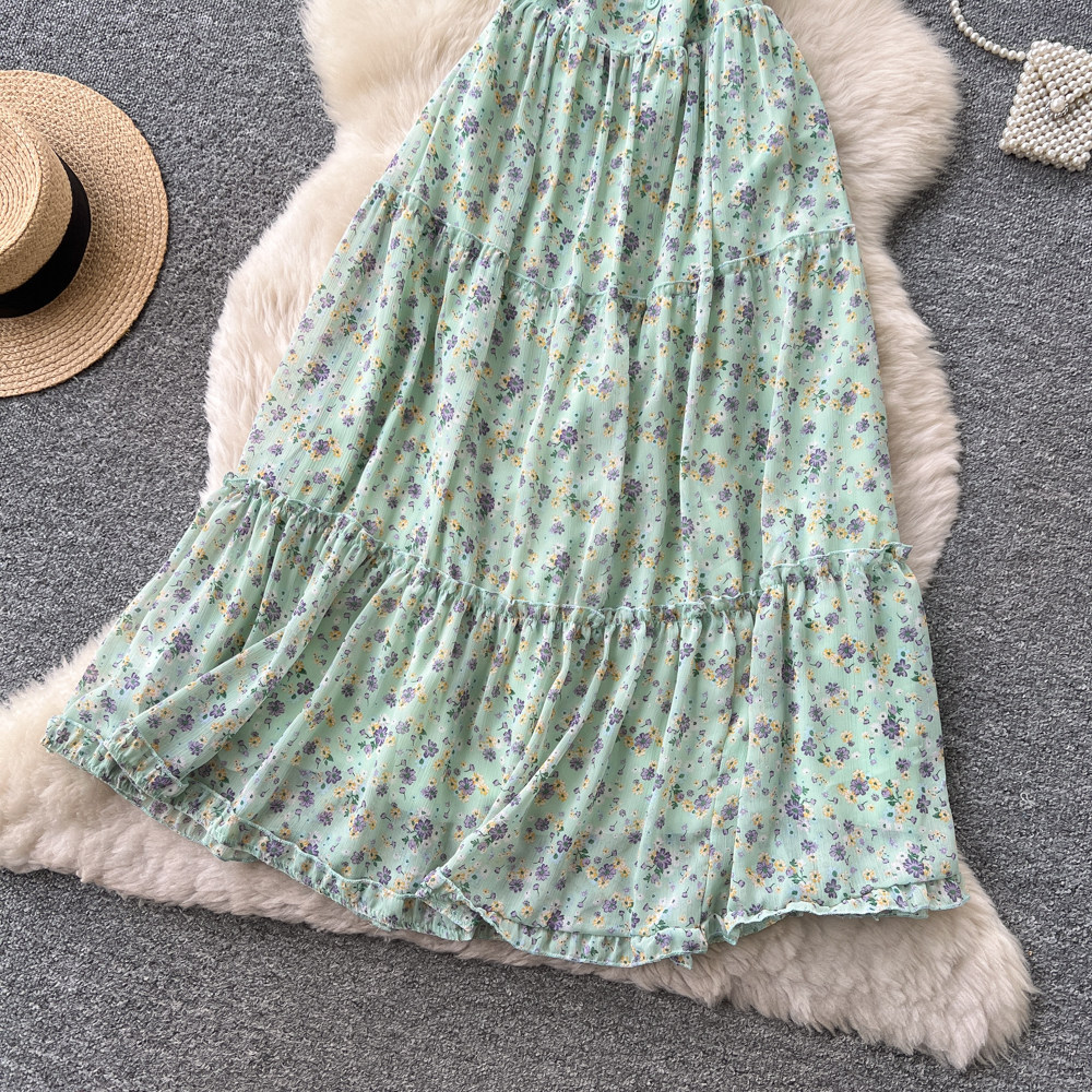 Floral Print Maxi Dress Sweet French Style Mint Green Lace Trim Waist Defining Summer Vacation Wear Wholesale