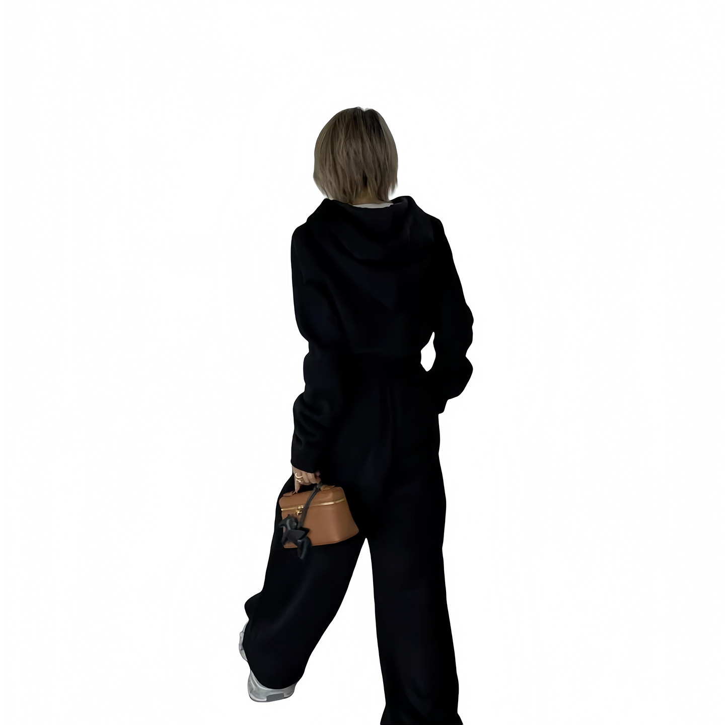 Womens Black Casual Tracksuit Slim Fit Fleece Lined Hooded Double Zipper Long Pants Autumn Winter Wear