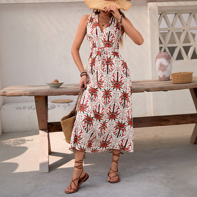 Tropical Floral Print Maxi Dress Sleeveless V Neck Flowy Design Perfect for Vacation or Resort Wear Wholesale