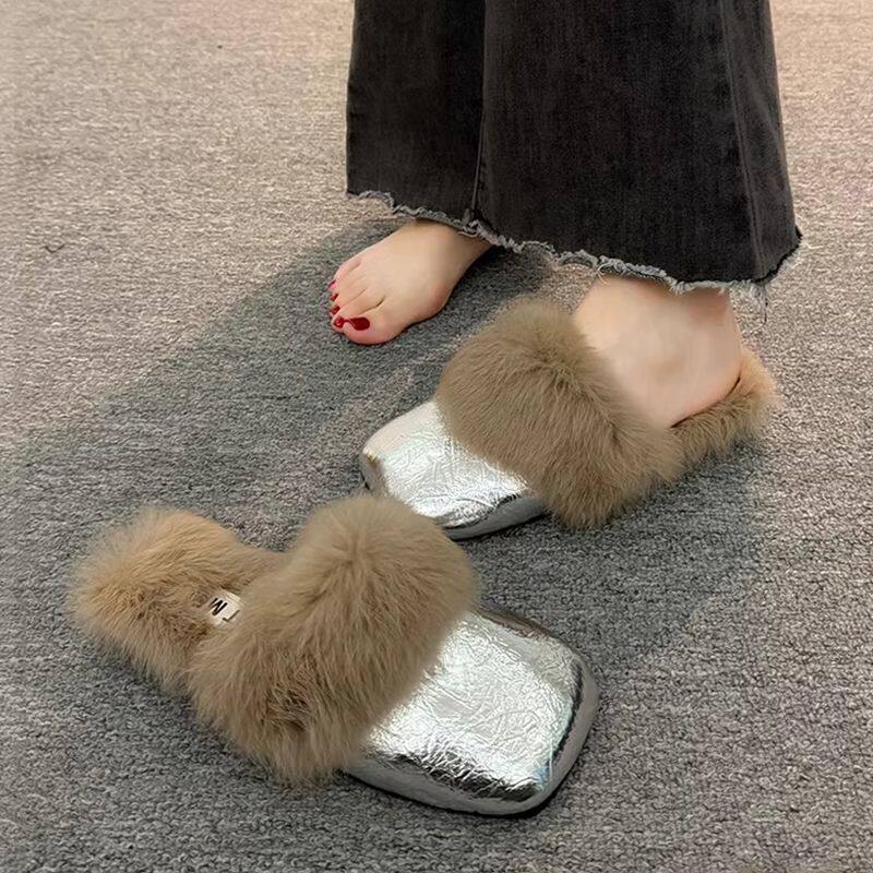 French Style Beautiful Baotou Autumn and Winter Maomao Slippers fleece-lined Women's Outside 2024 Flat New Mueller Lazy People Explosions Going Out