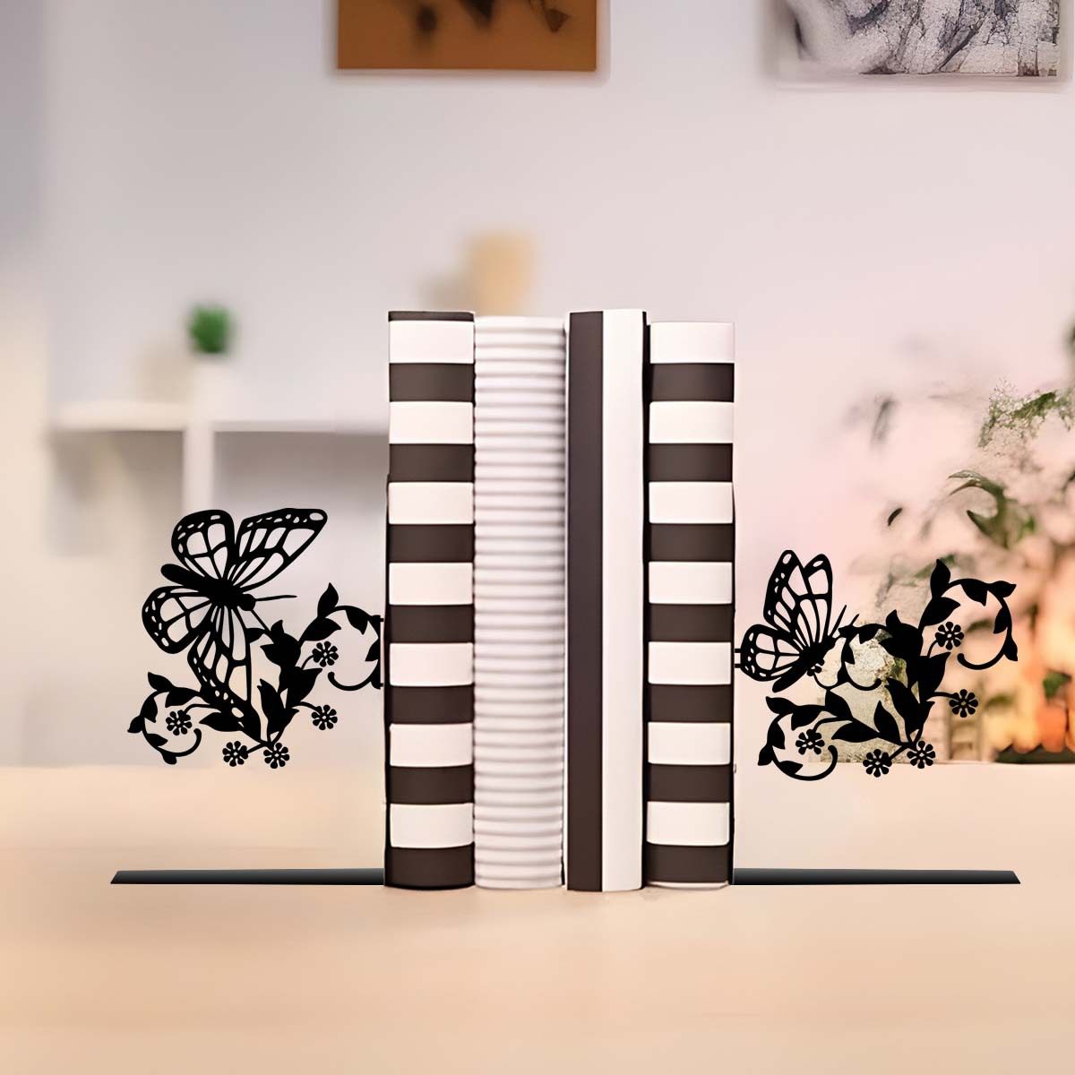 Metal Bookend L-Shaped 2-Piece Set Black Butterfly Flower Vine Iron Desktop Decoration Bookend Office Storage Clip Wholesale