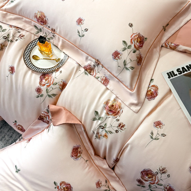 100-Count Tencel Cotton Brushed Four-Piece Set Autumn and Winter Cotton Bed Bed Sheets Quilt Cover Accessible Luxury Printed Cotton Bedding