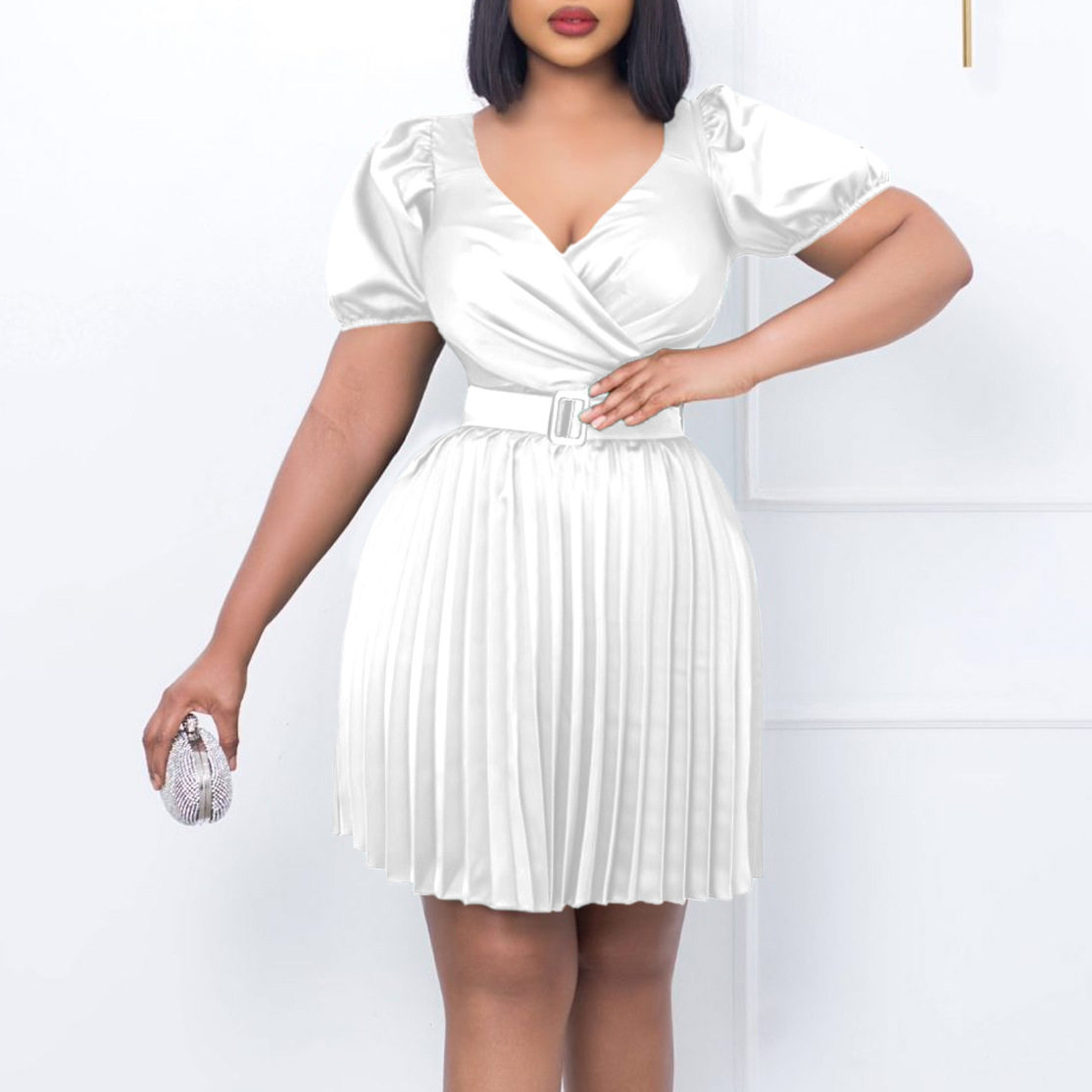 Summer Womens Dress V Neck Pleated Waist Defined Elegant Casual Style for Parties or Events Wholesale Available