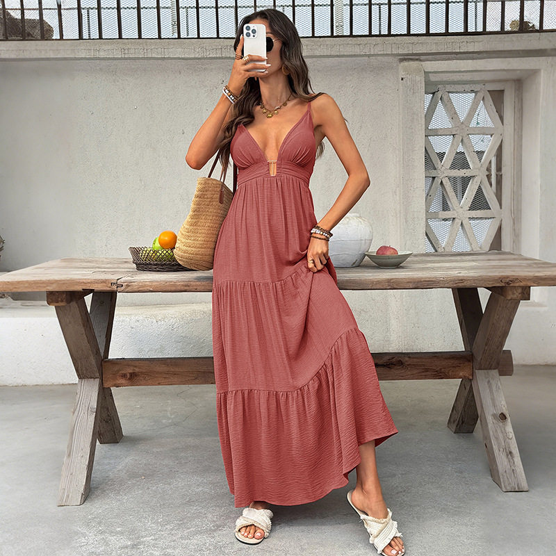 Sleeveless Deep V Neck Cake Dress Solid Color Sexy Style Perfect for Vacations Wholesale Available