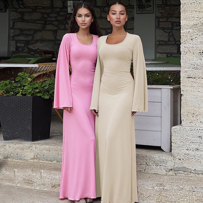 Fashionable Loose Fit U Neck Long Sleeve Dress Back Tie Design Autumn Collection Wholesale Available