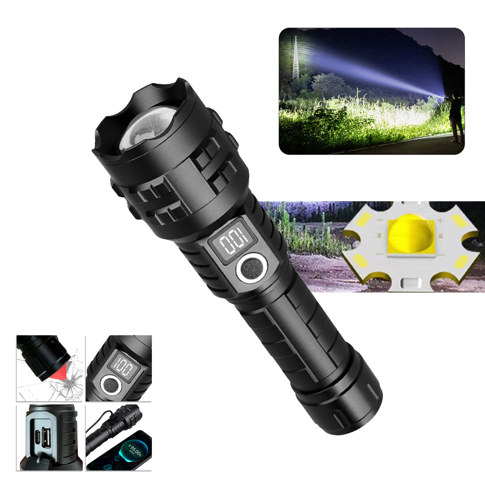 Cross-border hot selling super bright P70 digital display led tactical flashlight outdoor long-range high-power aluminum alloy flashlight