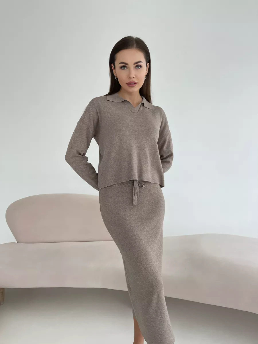 Knitted Two Piece Set Soft Chenille Yarn Split Sweater Tied Midi Skirt Autumn Winter Fashion Wholesale Available