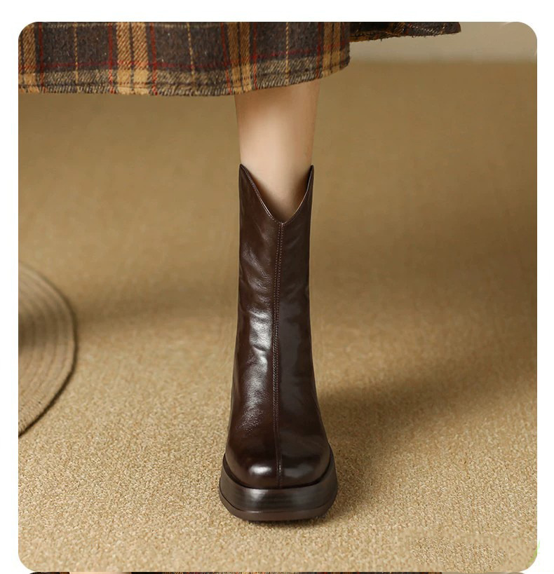 Boot nữ cổ thấp gót thô phong cách thời trang thanh lịch — Màu đen, Màu nâu