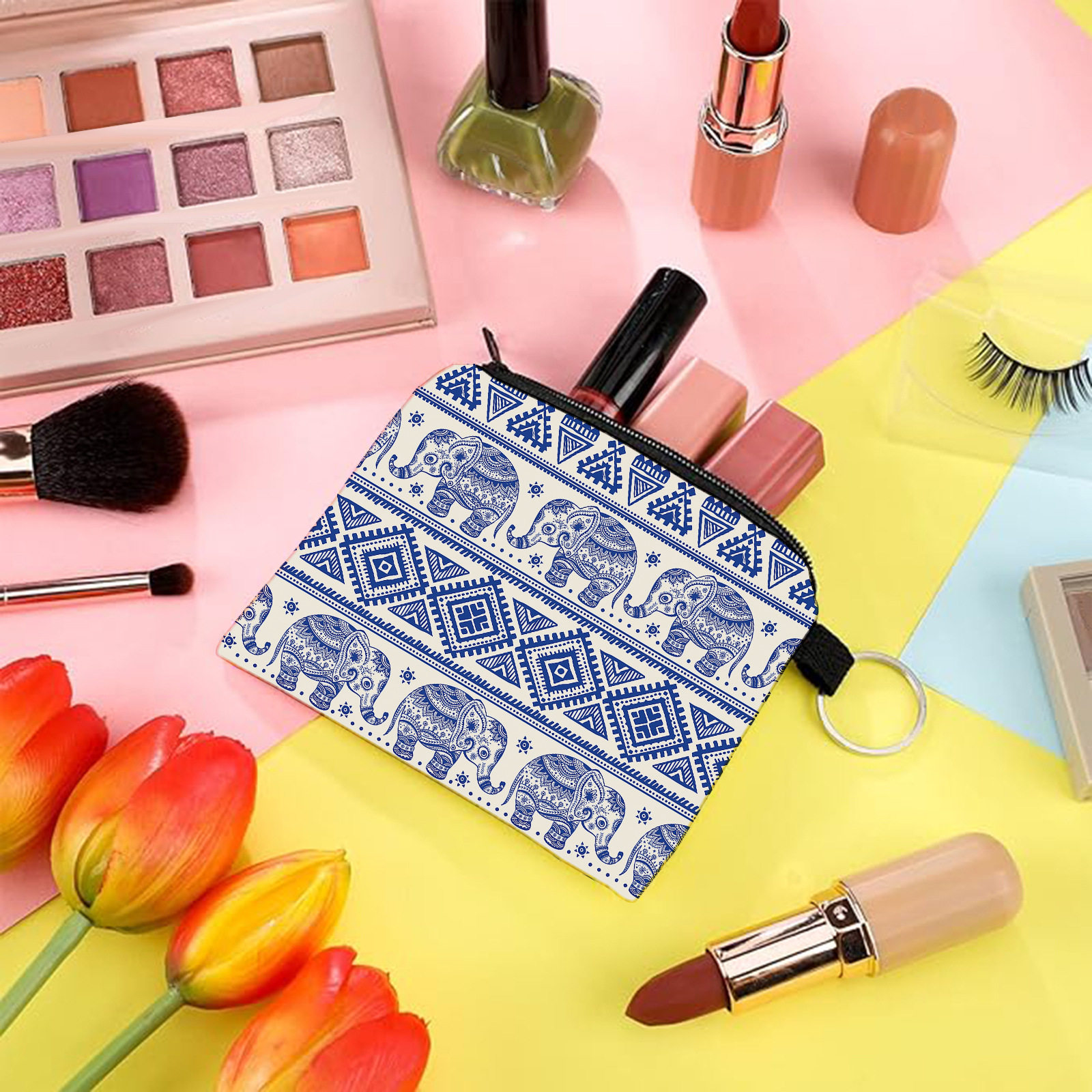 Cross-border New Arrival Elephant Print Pattern Fabric Coin Purse Portable Keychain Coin Bag Girls Women Gift