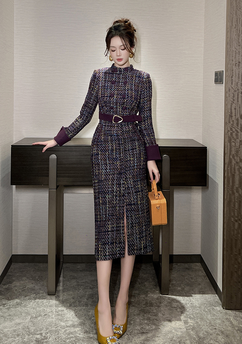 Đầm tweed nữ dài tay hai hàng khuy thắt eo ôm hông — Màu tím, Màu cà phê sữa