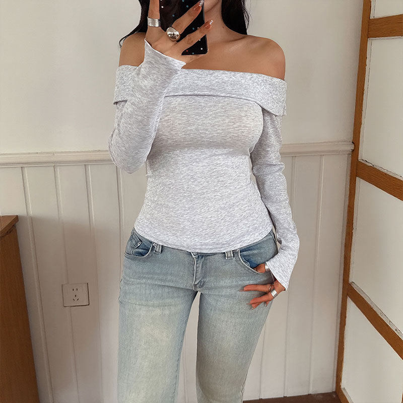 Slim Fit Long Sleeve Top Solid Color Off Shoulder Design Stylish for Spring and Autumn Wholesale Available