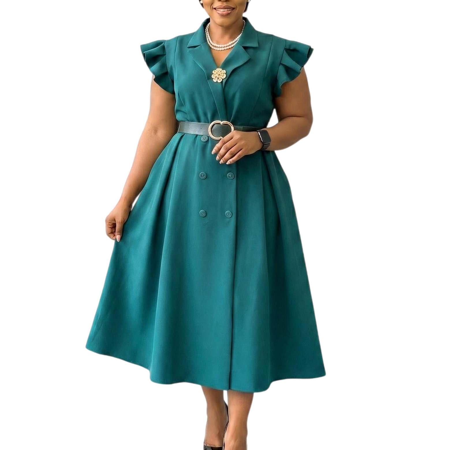 Elegant Double Breasted African Print Dress Mid Length Suit Collar Summer Style Wholesale Available