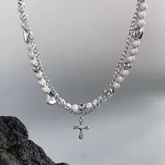 Designed with Double-Layered Pearl Cross Pendant Necklace, High-End Hip-Hop Clavicle Chain Accessory, Trendy, 24-Hour Shipping