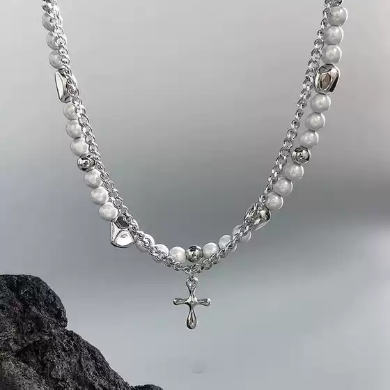 Designed with Double-Layered Pearl Cross Pendant Necklace, High-End Hip-Hop Clavicle Chain Accessory, Trendy, 24-Hour Shipping