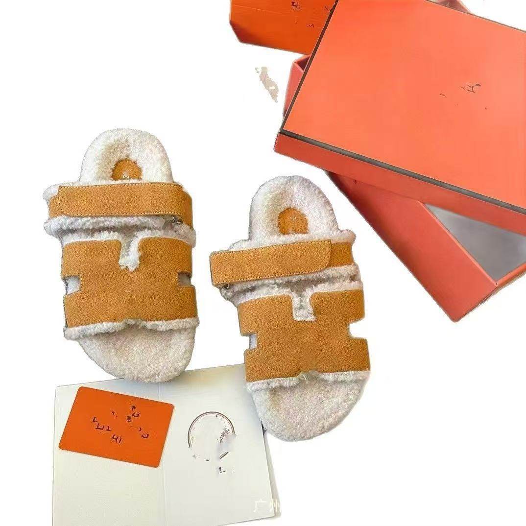 24 Autumn New Foreign Trade Large Size Lamb Wool H-Shaped One-Line Fur Slippers European and American Outerwear Women's Shoes in Stock