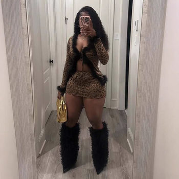 Turkish Feather Leopard Print Group Suit European and American New Sexy V Neck Strap Cardigan Short Street Sexy Hip-Hugging Short Skirt