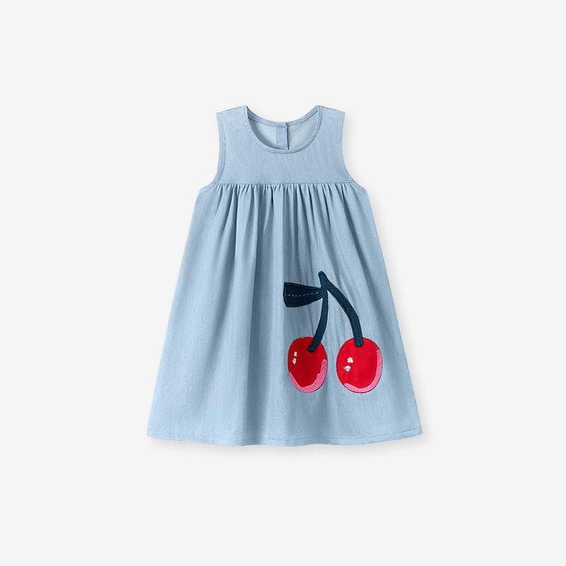 Girls' Sleeveless Dress, Summer Kids' Denim Dress, [Style] Cute Cherry Kids' Dress