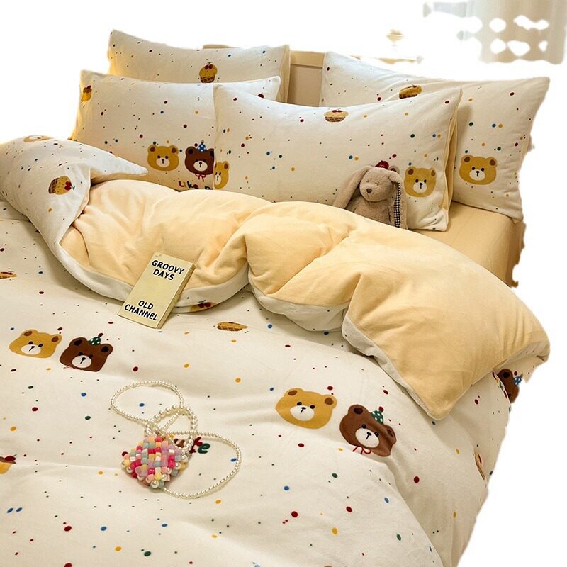 Class A winter milk velvet four-piece set small fresh bedding sheets double-sided fleece-lined thick quilt cover three-piece set