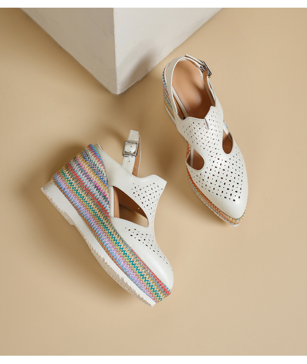 Sandal La Mã nữ da thật gót xuồng 10cm đế bánh mì tăng chiều cao — Màu be, Màu xanh dương