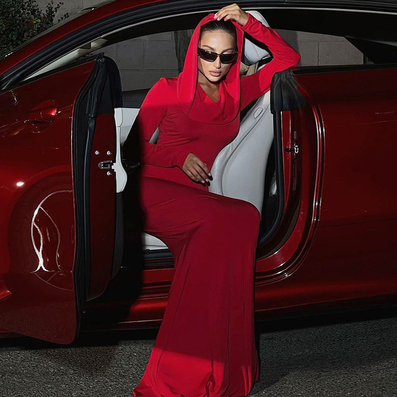 Womens Long Sleeve Hooded Dress Solid Color Elegant Style European Fashion Perfect for Parties Wholesale Available