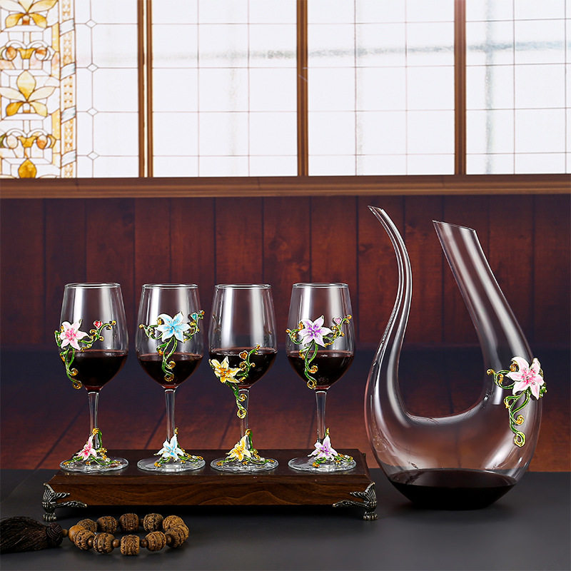 Factory Direct Sales European-Style Lily Enamel Red Wine Glass Crystal Glass Goblet Wine Glass Decanter Set