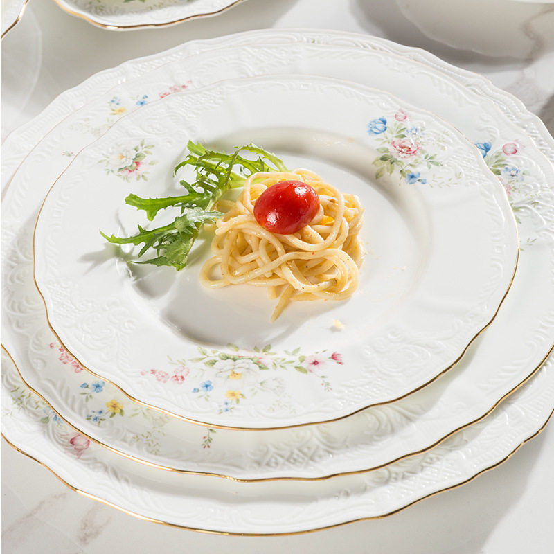 European-style Simple Phnom Penh Bone China Embossed Tableware Household Dishes and Saucers Combination Western-style Flat Plate Coffee Cup and Saucer Set