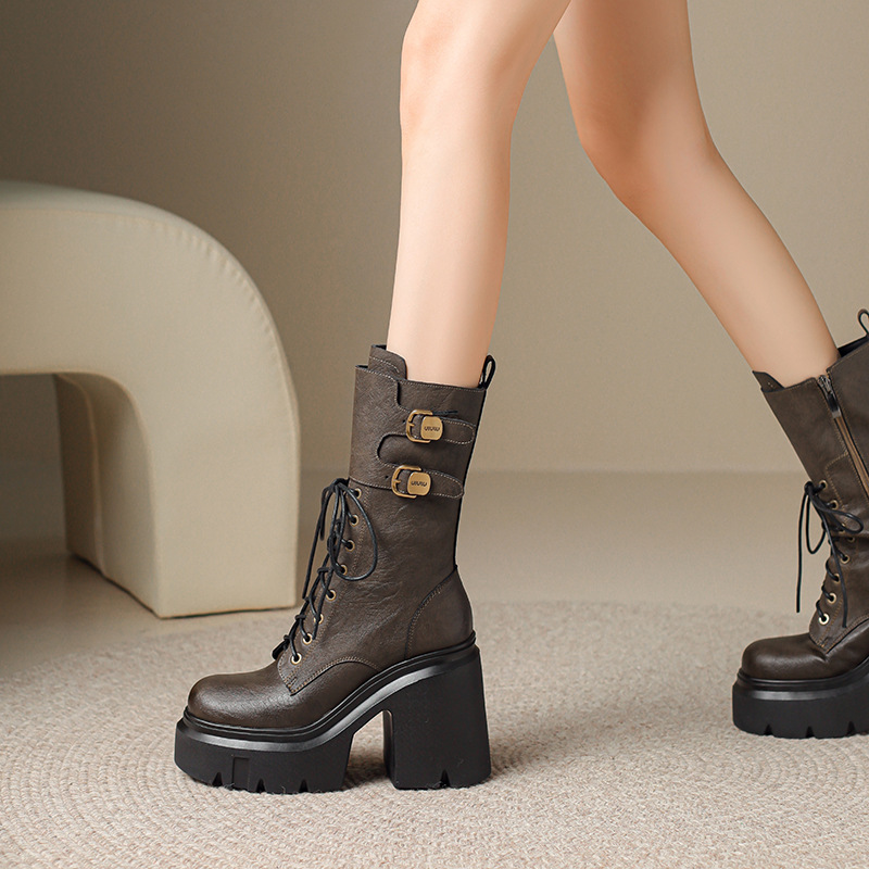 Boot Cổ Thấp Nữ Chất Liệu Da Bò Cao 12cm Gót Vuông Tăng Chiều Cao Đế Cao Hàng Mùa Xuân Thu Đông