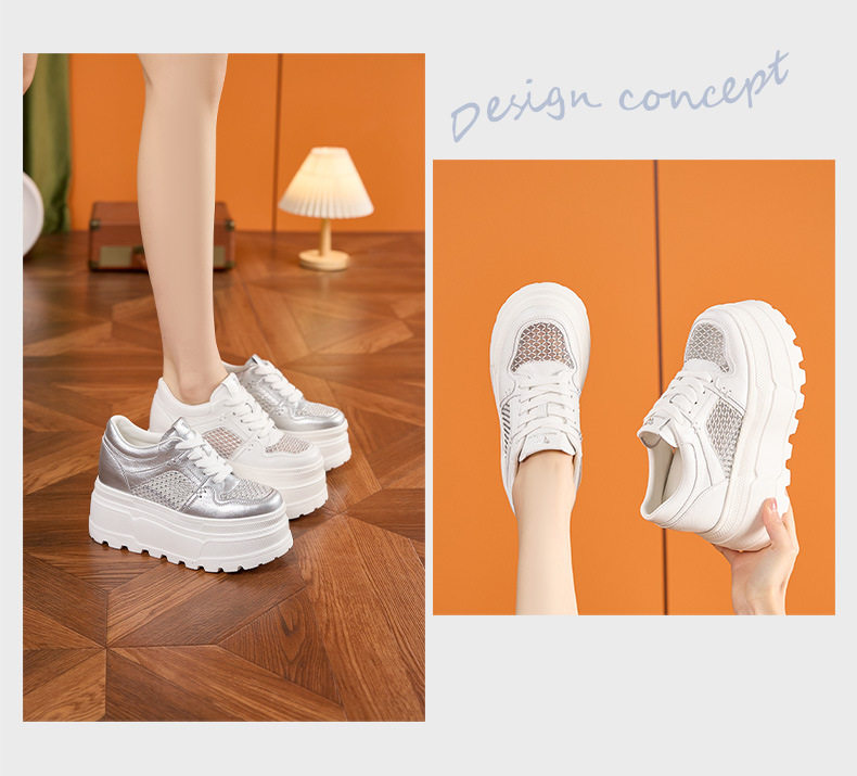 Giày sneaker nữ chunky đế dày trắng platform họa tiết đính đá — Trắng, Bạc chi tiết 5