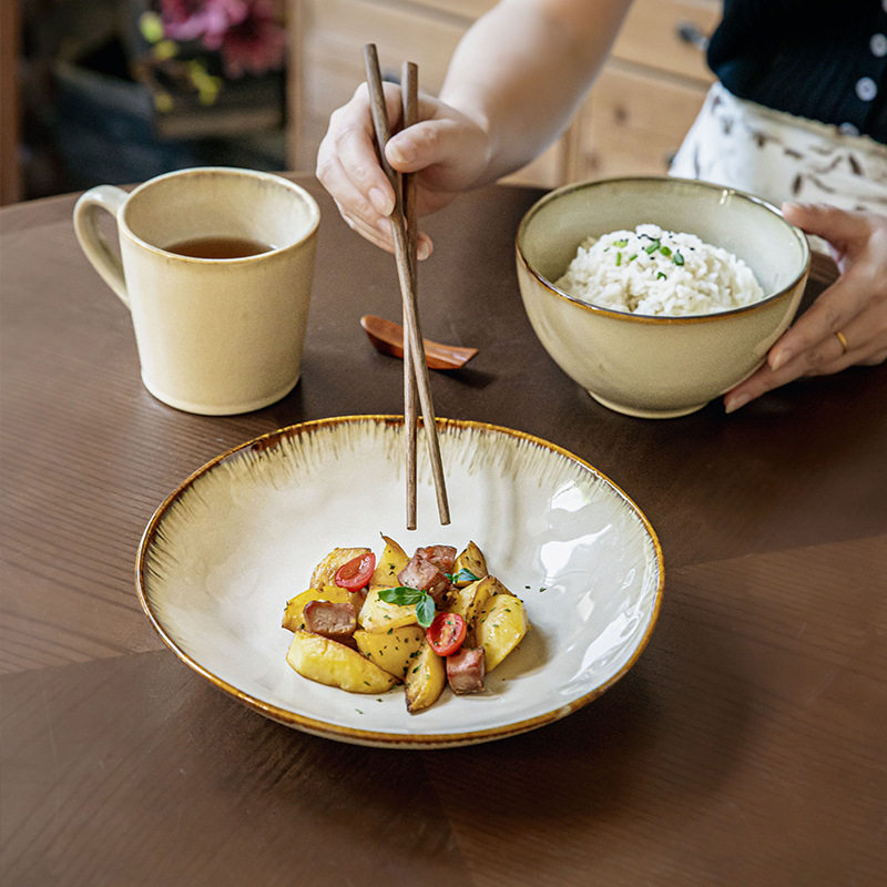 High-value irregular deep plate retro 9-inch salad plate kiln ceramic rice plate cross-border export food preparation plate