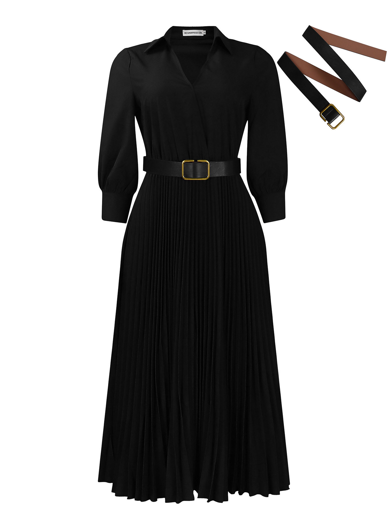 Plus Size Womens Dress Elegant Solid Color Flared Skirt Pleated Design Lapel Collar Autumn Winter Collection