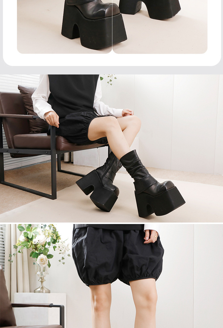 Boot nữ cổ trung gót cao đế dày da bò thật tôn dáng — Màu đen