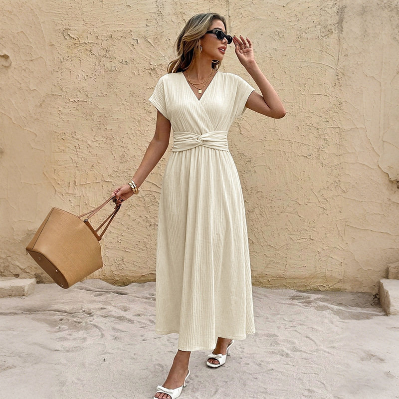 Vacation Style Maxi Dress Solid Color Textured Fabric V Neck Flutter Sleeves Perfect for Summer Events Wholesale