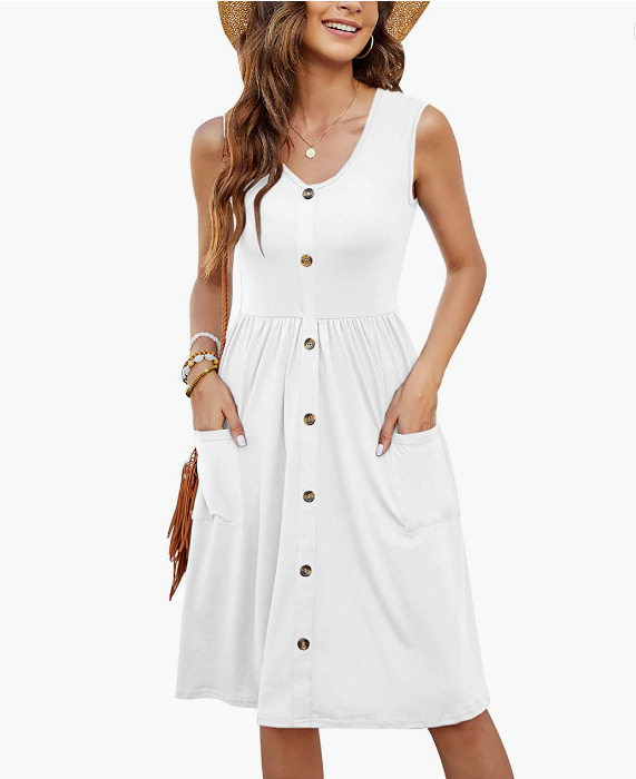 Sleeveless V Neck Dress Solid Color Button Pocket Casual Style Perfect for Summer Events Wholesale Available