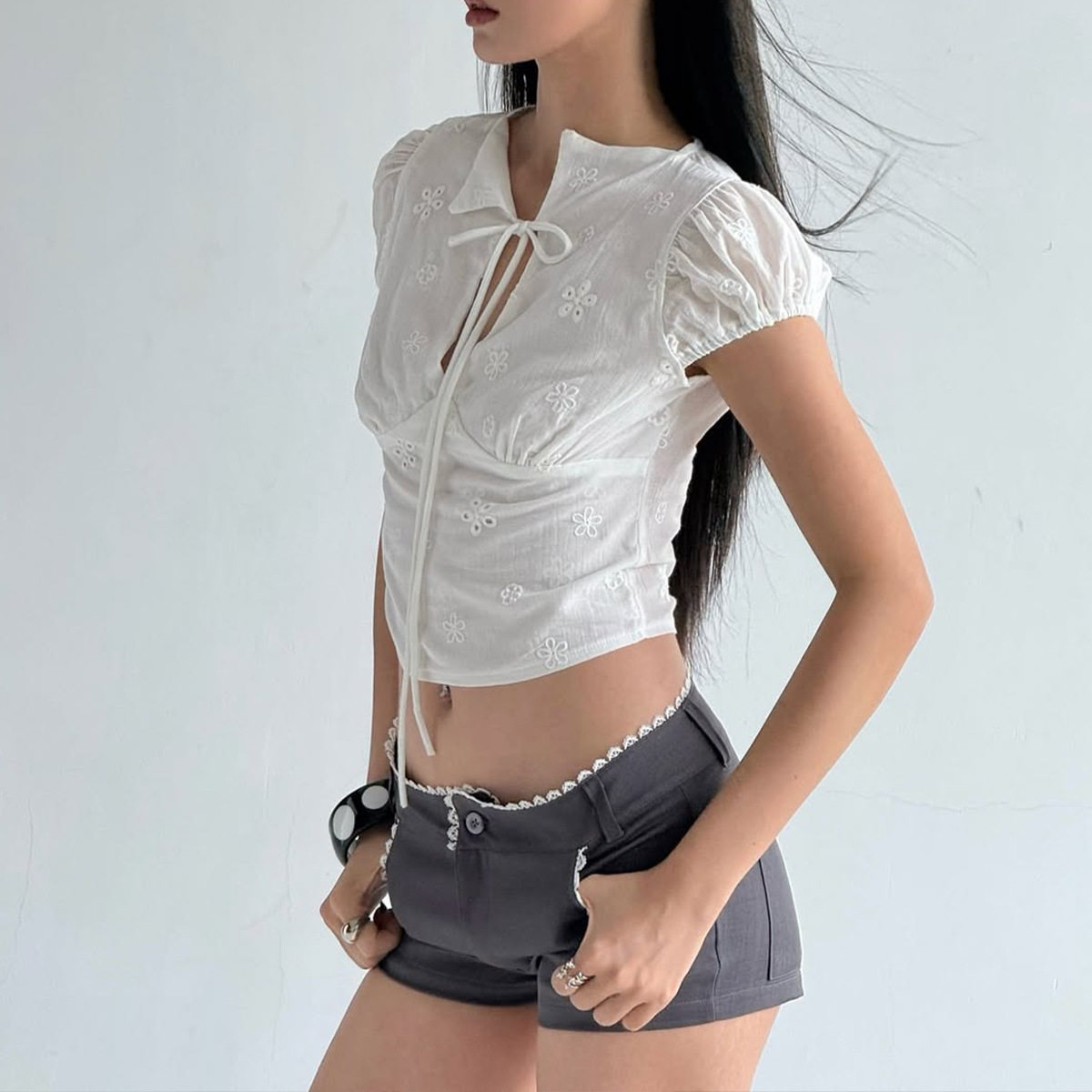 French Style Womens V Neck Short Sleeve Top Sweet Slim Fit Casual Spring Collection Wholesale Available