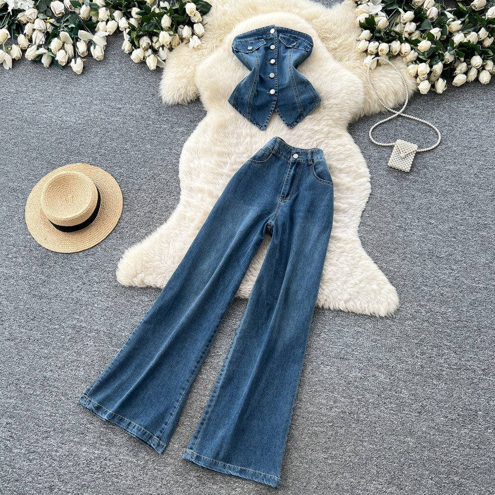 Womens Summer Denim Two Piece Set Slim Fit High Waist Minimalist Style Perfect for Office Wear Wholesale Available