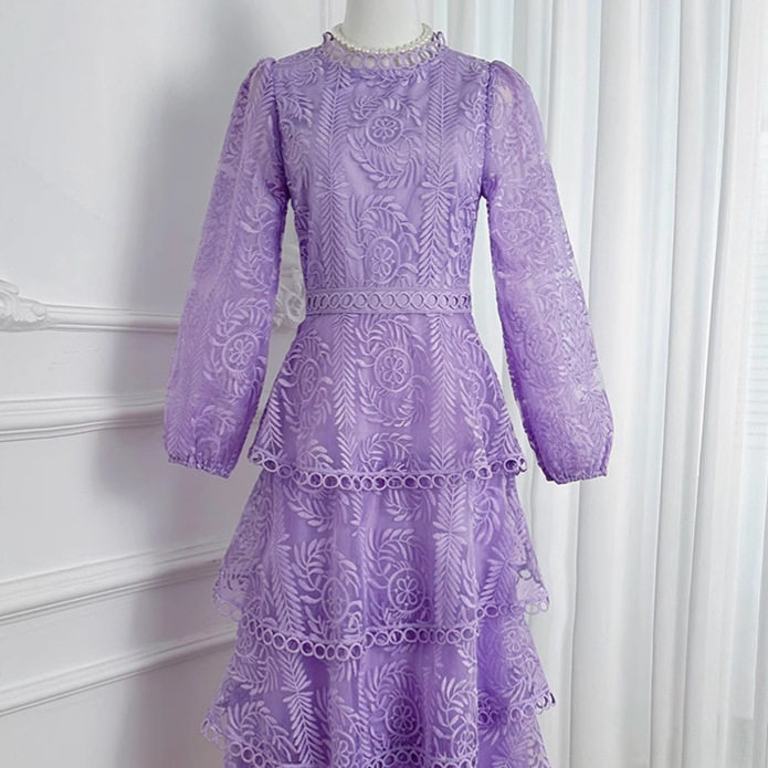 Elegant French Style Long Dress for Women High End Embroidery Ruffled Hem Waist Defined Perfect for Autumn Events