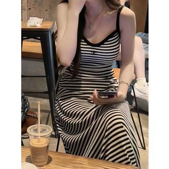 French-Style Hip-Hugging Long Dress for Women, 2025 Summer Fashion Casual A-Line Striped Slim-Fit Spaghetti Strap Dress