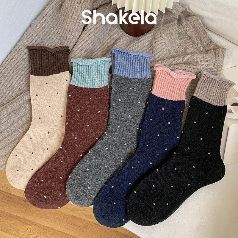 Autumn and Winter New Color-Blocking Socks for Women with Polka Dot Lace Trendy Ins Versatile Warm Wool Slouch Socks for Women Mid-Calf Autumn