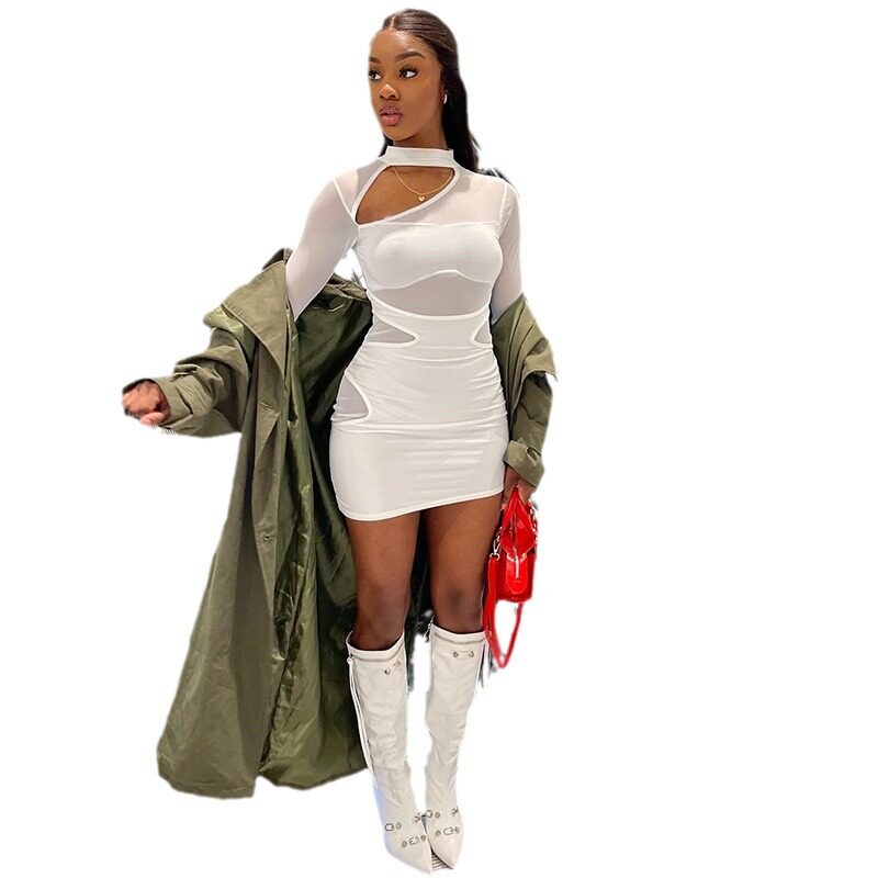 Elegant Womens Bodycon Dress Solid Color Hollow Out Mesh Paneling Perfect for Parties and Events Wholesale