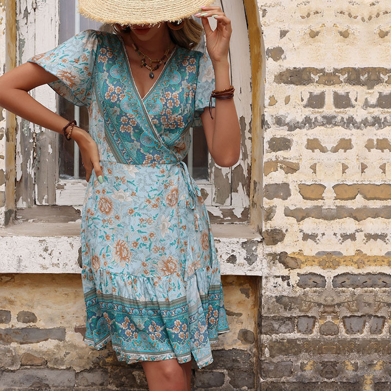 Bohemian Floral Geometric Print Maxi Dress Summer Style Tie Waist Comfortable Fabric Perfect for Casual Outings